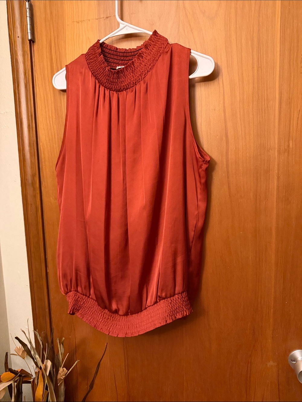 Agora Rust Smocked-Neck Sleeveless Camisole